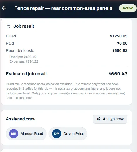 A Stedley job on a phone: Fence repair — rear common-area panels, marked Active, showing $1,250.05 billed, nothing paid yet, $580.62 of recorded costs made up of $186.40 in receipts and $394.22 in expenses, an estimated job result of $669.43, and Marcus Reed and Devon Price assigned as crew.