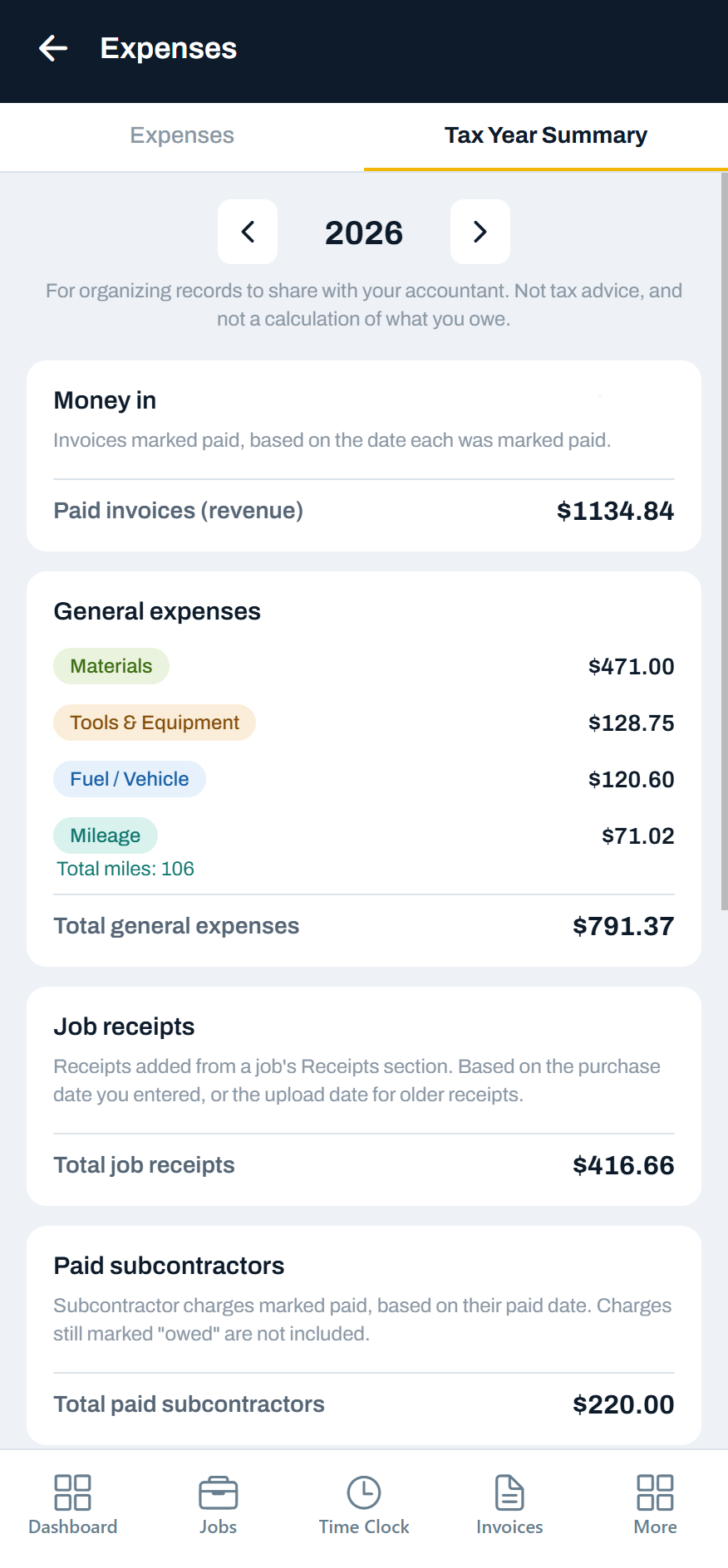Stedley's Tax Year Summary for 2026, noting it is for organizing records to share with your accountant and not tax advice, with totals for money in, general expenses by category, job receipts, and paid subcontractors.