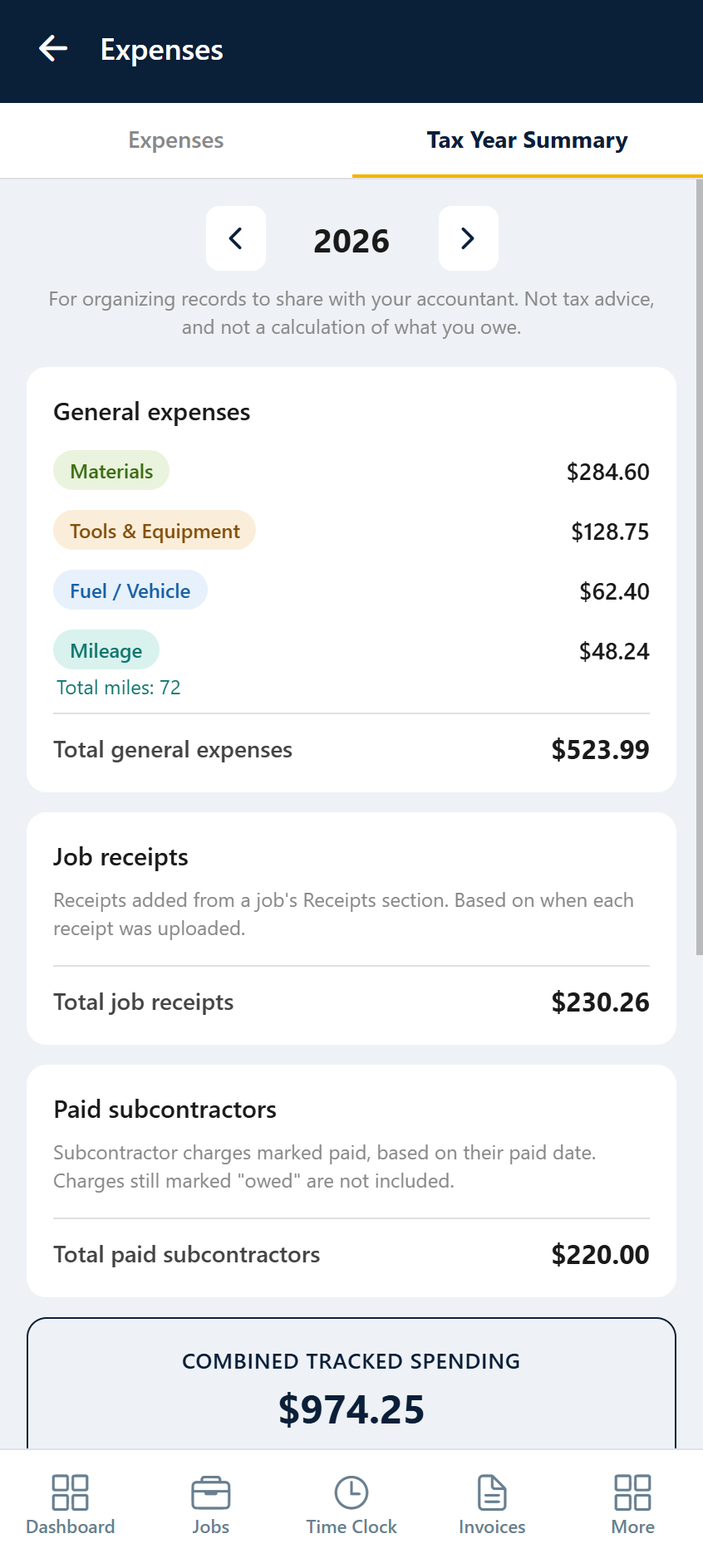 Stedley Accountant Export screen showing expense category totals and combined tracked spending for the tax year