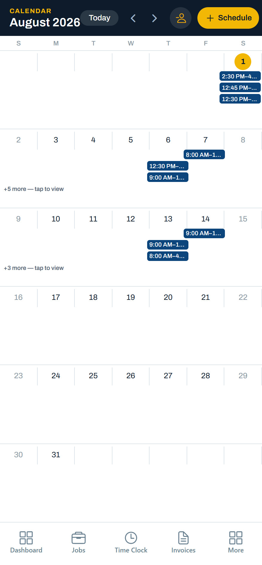 The Stedley calendar showing August 2026 by month, with scheduled job visits and their times marked across the first two weeks.