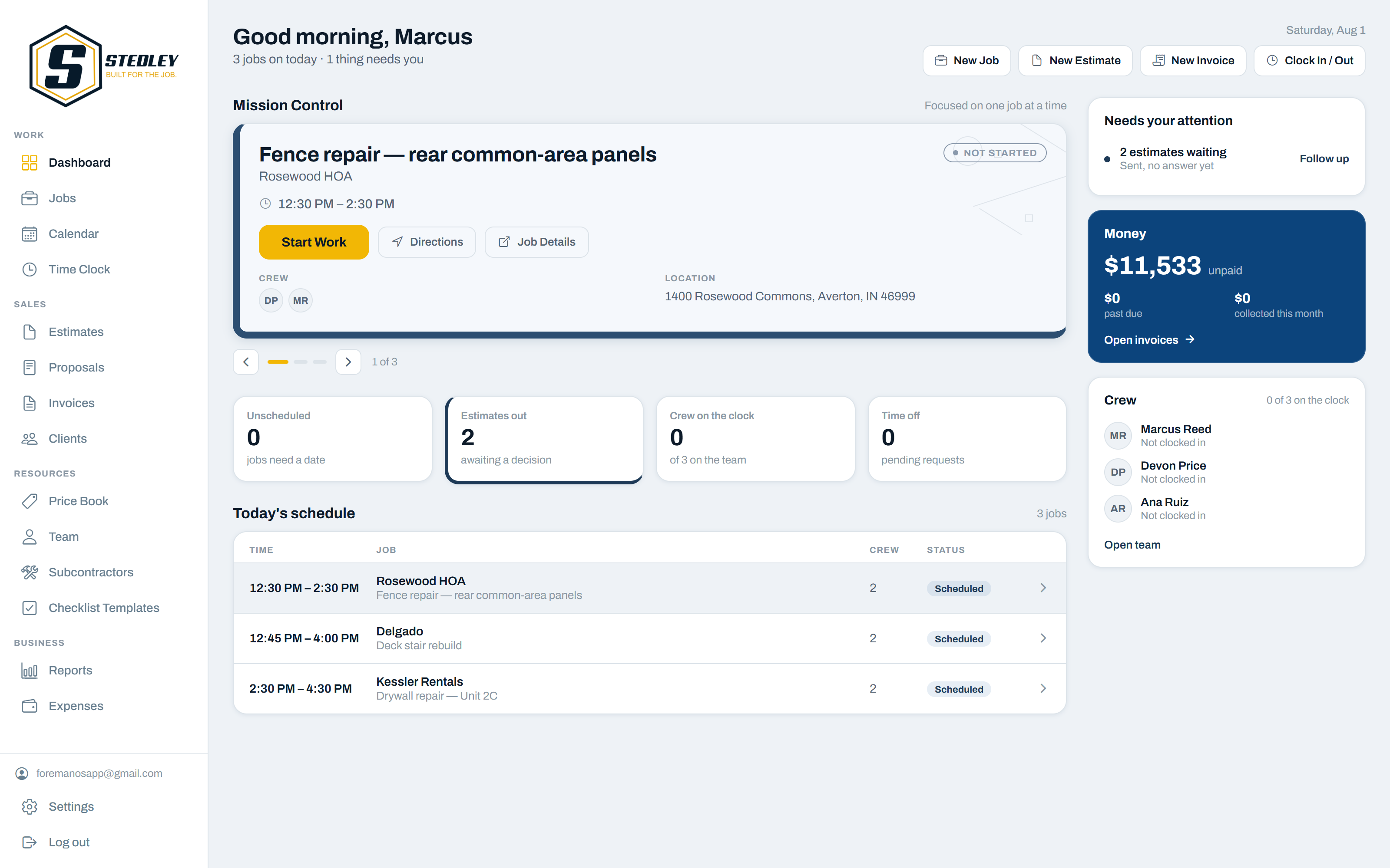 The Stedley dashboard on a desktop browser: a sidebar of work, sales and business sections, today's three scheduled jobs with times and crew, unpaid invoice totals, and crew clock-in status.