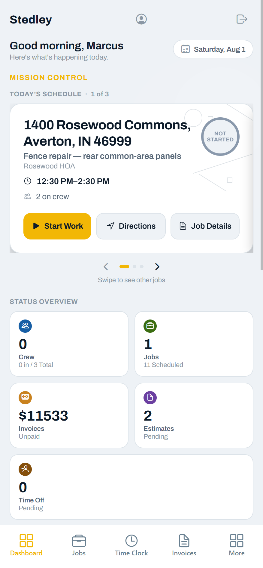 The same Stedley dashboard on a phone: today's first job with its address, time window, crew count, and a Start Work button.
