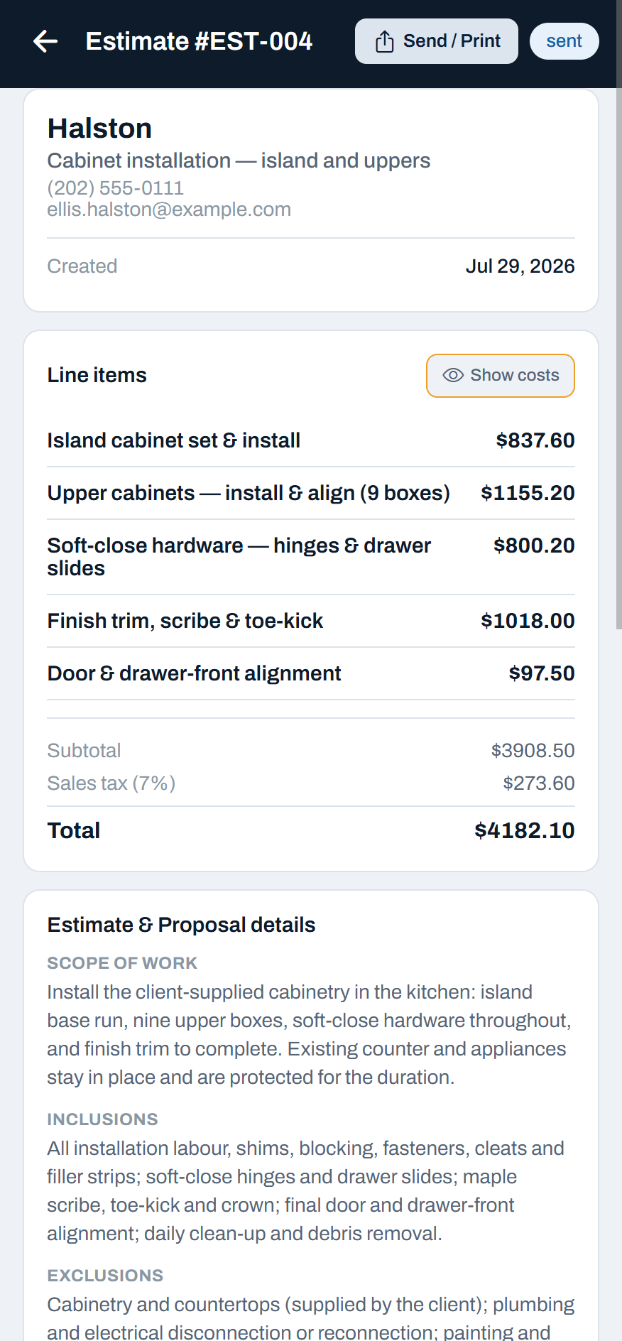 A Stedley estimate for Halston, cabinet installation, showing five priced line items, a subtotal, sales tax, and the estimate total, marked sent.