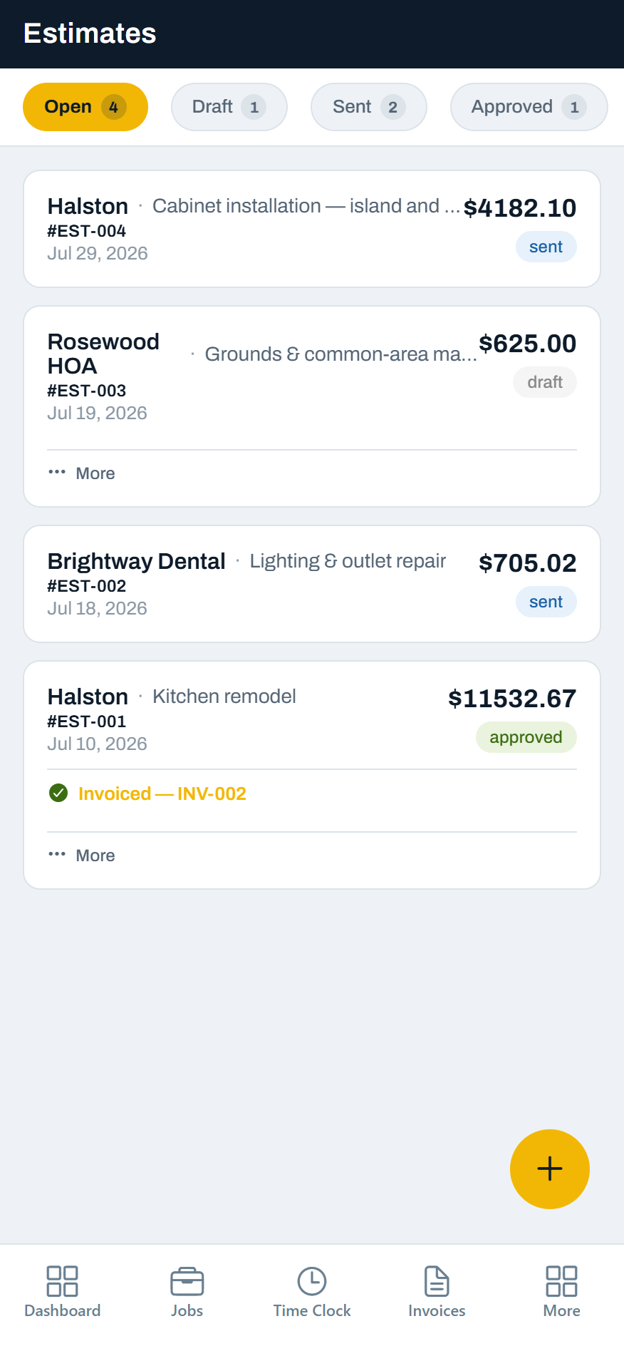 Stedley Estimates screen listing estimates with amounts and draft, sent, and approved statuses