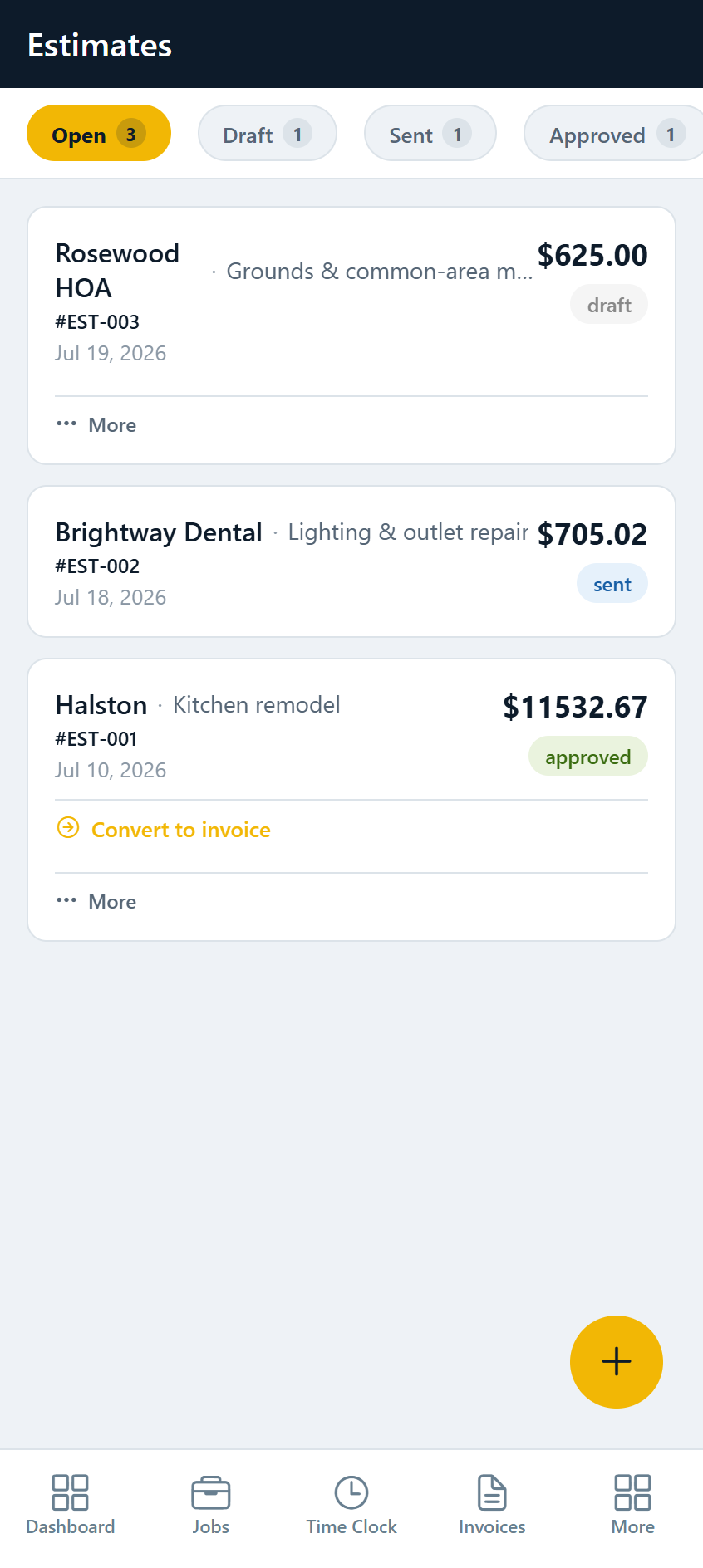 Stedley Estimates screen listing estimates with amounts and draft, sent, and approved statuses