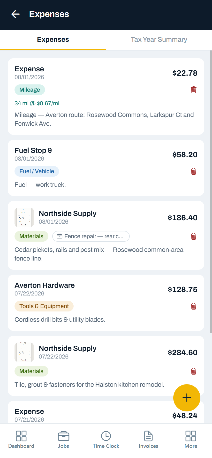 The Stedley expenses list showing dated business expenses with category tags for mileage, fuel, materials and tools, amounts, and a receipt thumbnail.