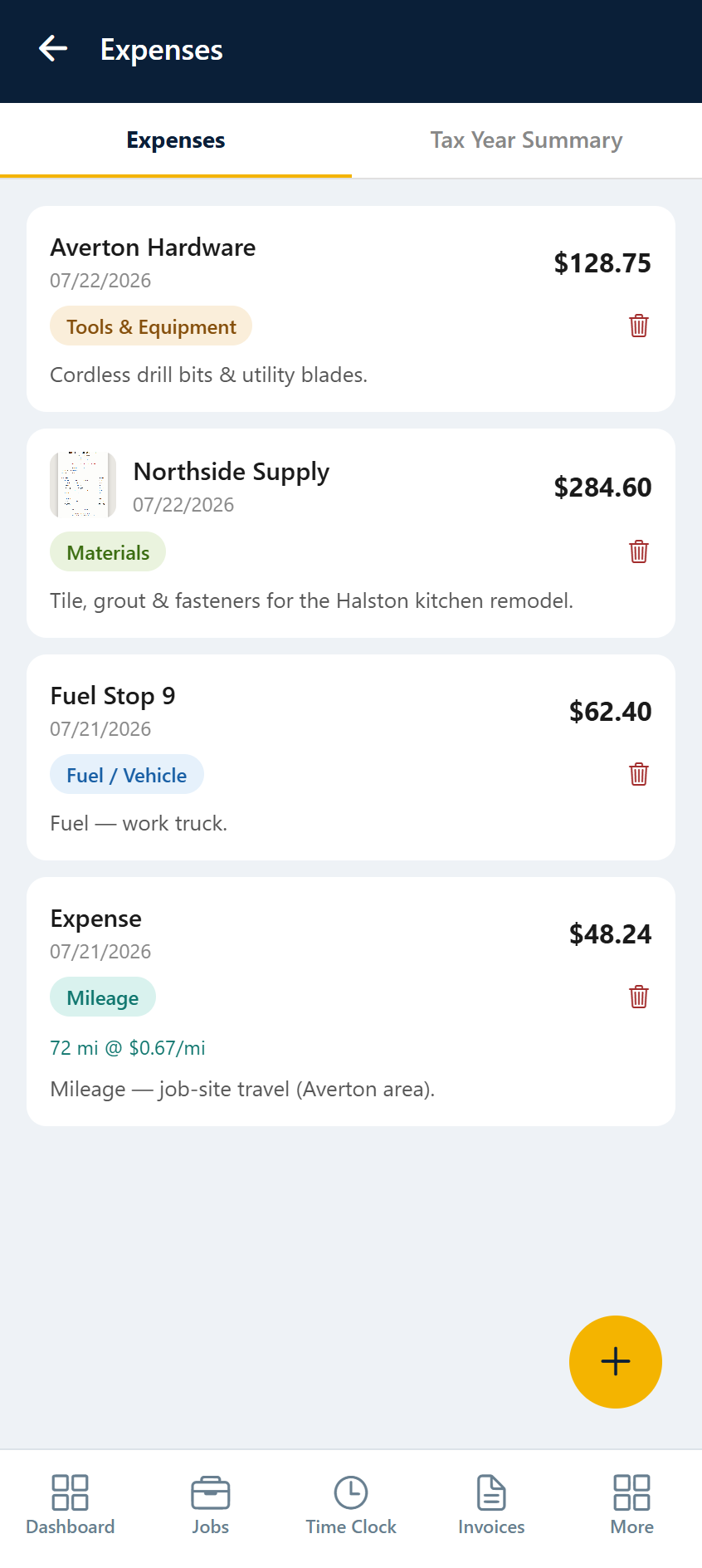 Stedley Expenses screen listing business expenses by category with amounts and a receipt thumbnail