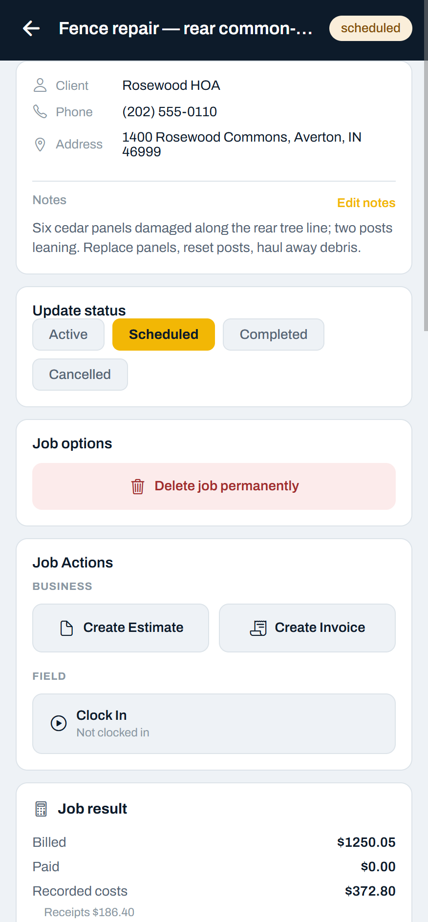 Stedley Job Detail screen with client contact details, job status controls, and actions to create estimates, create invoices, and clock in