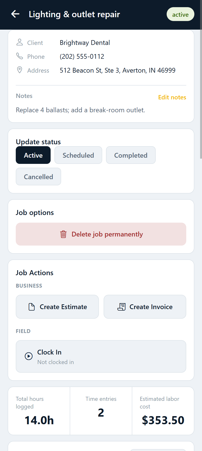 Stedley Job Detail screen with client contact details, job status controls, and actions to create estimates, create invoices, and clock in