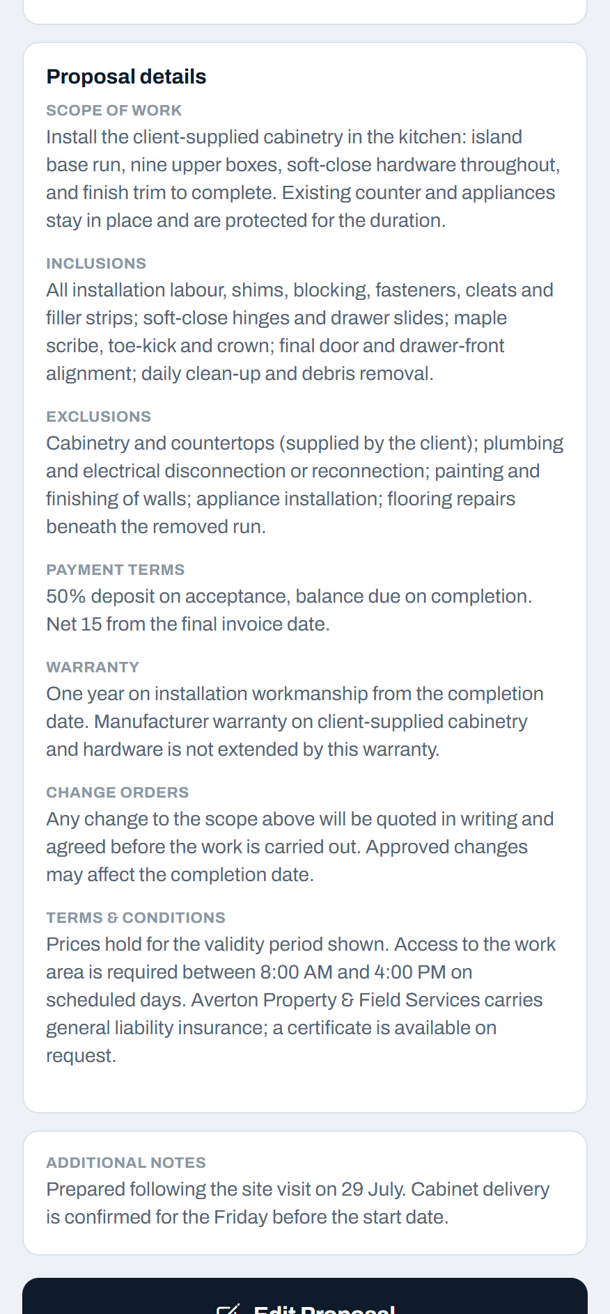 A Stedley proposal showing scope of work, inclusions, exclusions, payment terms, warranty, change orders, and terms and conditions.
