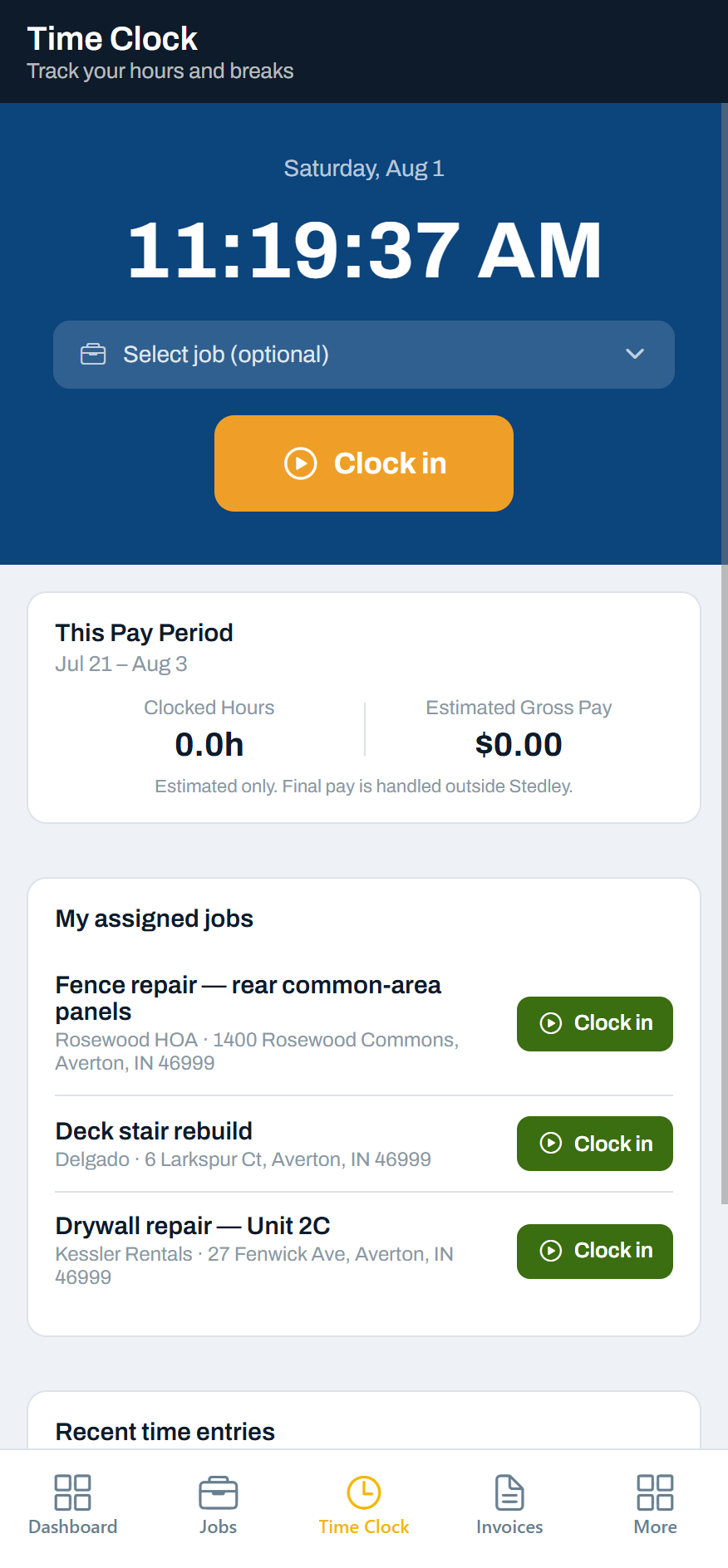Stedley Time Clock screen with a clock-in button and current pay period hours and estimated pay