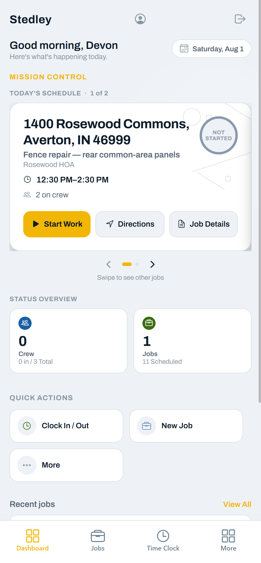 A worker's dashboard greeting Devon, showing only today's assigned job with its address and time window, plus Clock In and Out — with no invoice or company money panels.