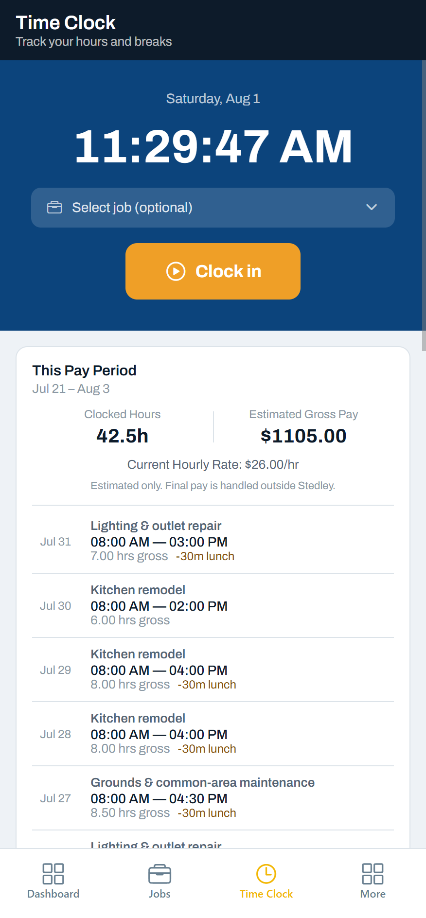 A worker's Time Clock screen showing Clocked Hours of 42.5 and Estimated Gross Pay for the pay period, the note 'Estimated only. Final pay is handled outside Stedley', and a list of their own shifts by job.
